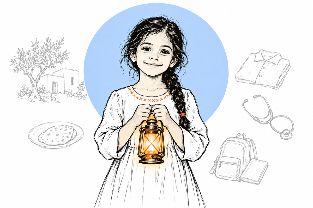 A girl holding a lit lantern, with faint sketches of a home, shoes, bread, a shirt, a stethoscope and a school bag around her